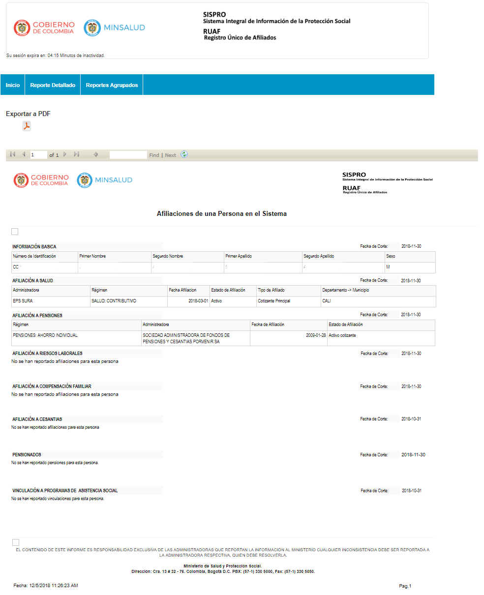 hoja de resultado de consulta RUAF en línea