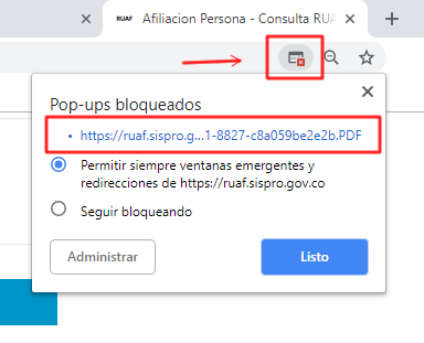 Desbloquee la ventana emergente para guardar o imprimir el resultado de la consulta RUAF